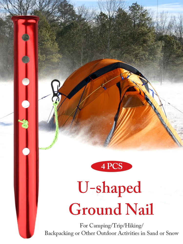 4PCS Outdoor Hiking Camping Tent Ground Nail Beach Aluminum Windproof U-shaped Nail Snow Mud Tent Nail with Plastic Hook