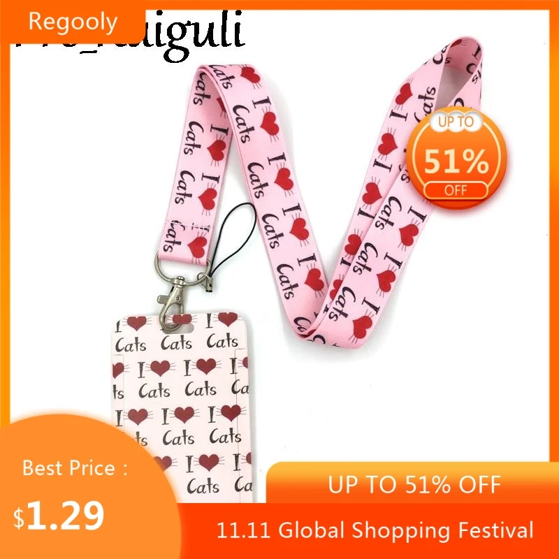 

I Love Cat Creative Lanyard Card Holder Student Hanging Neck Phone Lanyard Badge Subway Access Card Holder Accessories