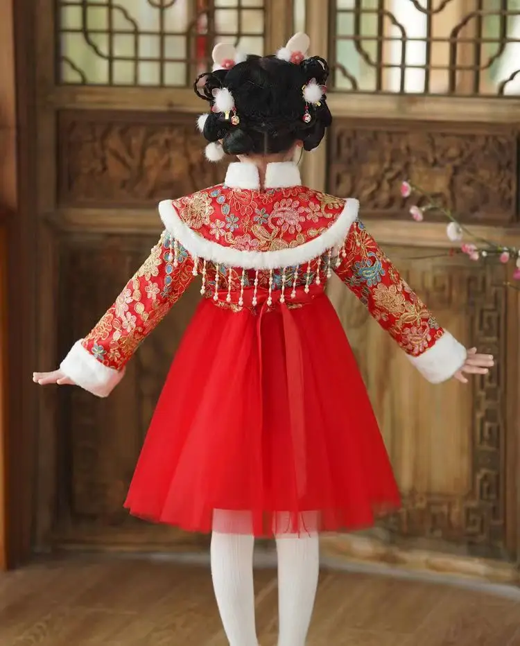 Новая красная китайская Новогодняя одежда женская зимняя ханьфу Детский костюм