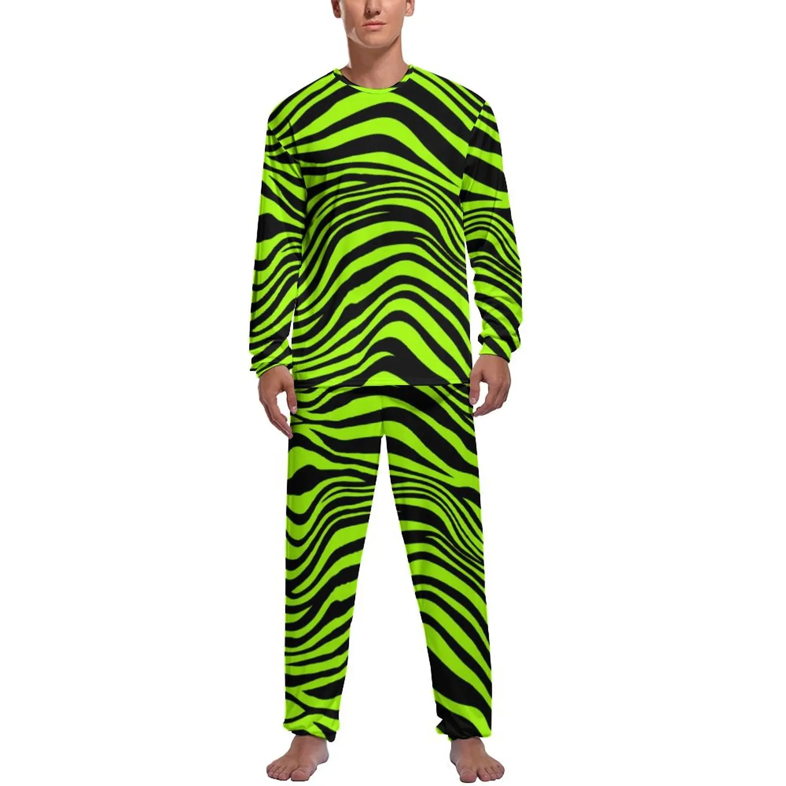 Green Tiger Print Pajamas Long Sleeve Funny Animal 2 Pieces Night Pajamas Set Daily Men Printed Warm Sleepwear