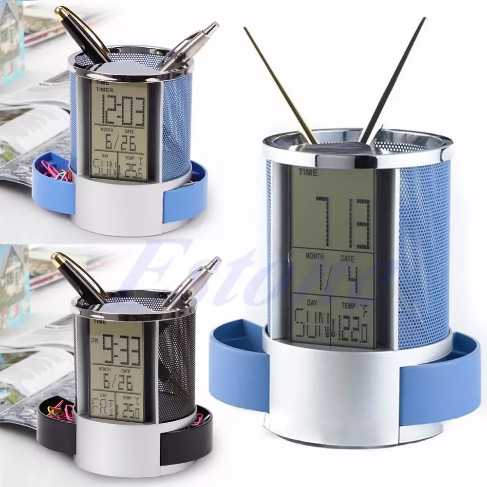 

Mesh Pen Pencil Holder with Digital LCD Office Desk ALarm Clock with Time Temp Calendar function