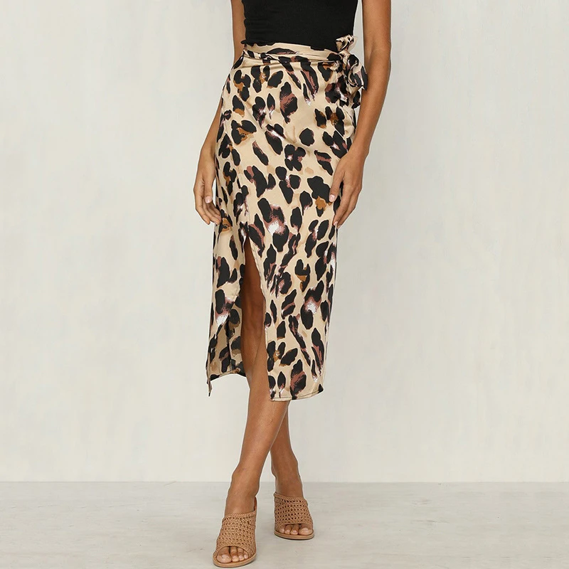 Mid Long Skirts Office Fashion Sexy Women Casual High Waist Simple Leopard Print Split Bow Female Beach Clothes Streetwear 2022