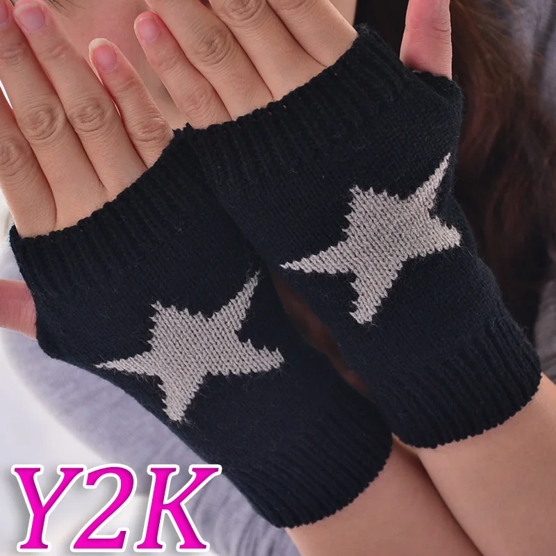 

Y2K Autumn Winter Knitted Woolen Gloves Fashion Men Women's Half Finger Warm Soft Mittens Five Pointed Star Fingerless Gloves