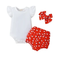 baby girl summer shorts suit solid color fly sleeve romper strawberry printed shorts knotted headband