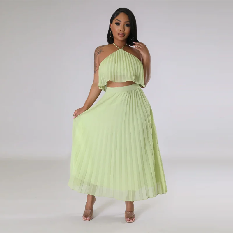 

WUHE Beach Holiday Pleated Women Two 2 Piece Set Outfit Halter Neck Blouse and A-line Maxi Long Skirt Suit 2023 Sexy Dress Set