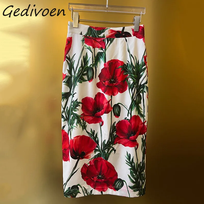 

Летняя модная дизайнерская винтажная хлопковая юбка Gedivoen до середины икры, Женская юбка с цветочным принтом и стандартной талией