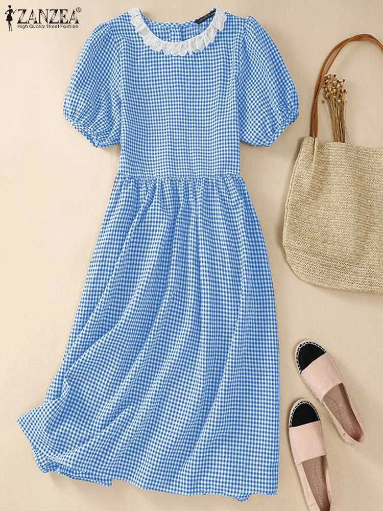 

ZANZEA Bohemian Elegant Dress Plaid Checked Vintage Dresses Grid Printed Sundress Women Summer Short Sleeve O-Neck Vestidos Robe