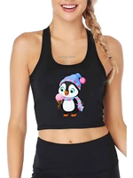 cute penguin pattern eating ice cream tank top womens yoga sports workout crop top gym training top