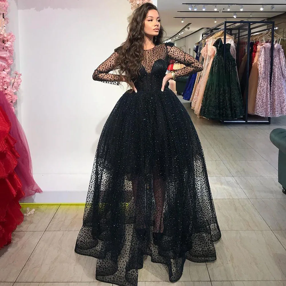 

Angel Custom Black O-Neck Long Sleeves Prom Formal Evening Dress With Tulle CRYSTAL Women Party Gowns