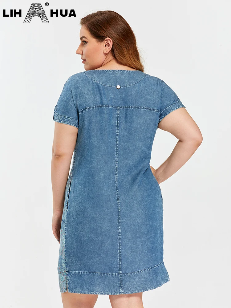 LIH HUA Women's Plus Size Denim Dress Summer Chic Elegant Dresses For Chubby Women Round Neck Woven Cotton  Dress