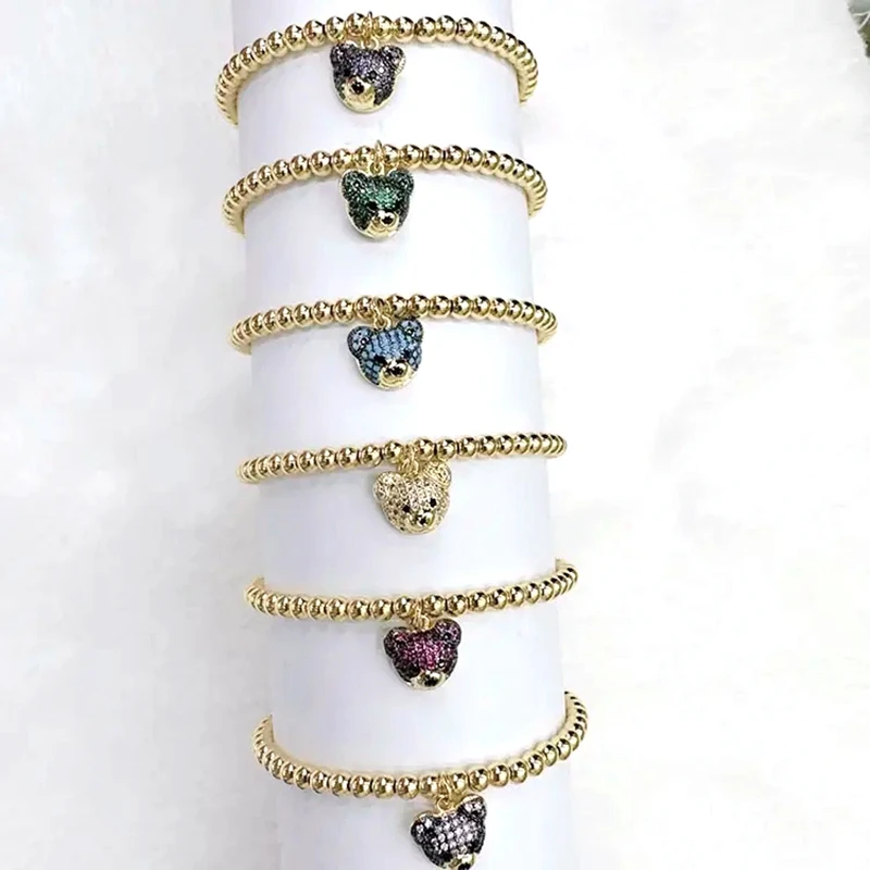 

5Pcs Fashion Gold Plated CZ Micro Pave Zircon Bear Charm Pendant Gold Ball Beads Elastic Chain Bracelet Jewelry Accessories