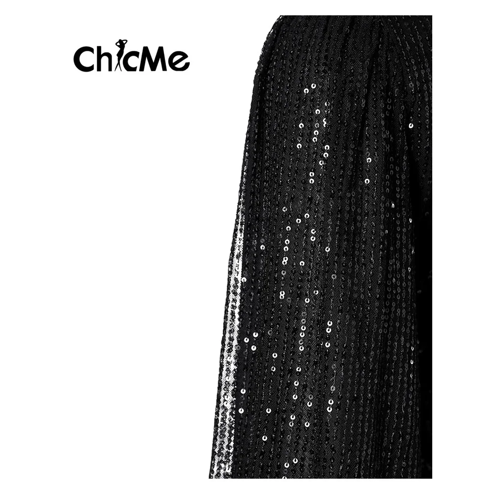Chicme Women Lantern Sleeve Zipper Back Plunge Sequins Slim Jumpsuit Deep V Tied Waist Party Sexy Jumpsuit Long Sleeve