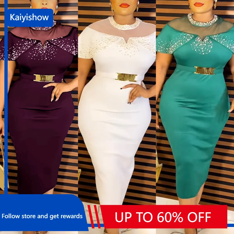 

African Wedding Party Dresses Summer African Women Elegant Short Sleeve Polyester Knee-length Dress African Dresses for Women