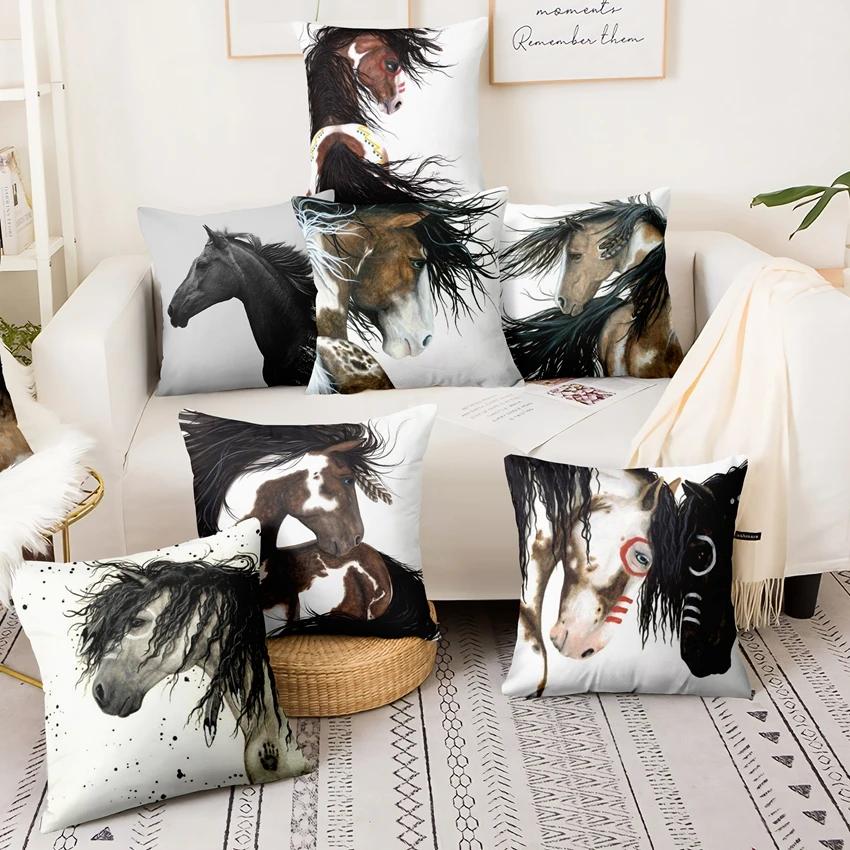 

Modern Art Animal Printed Square Pillowcase Running Horse Cushion Decorative Pillow Home Pillow Decoration Sofa Throw Pillows