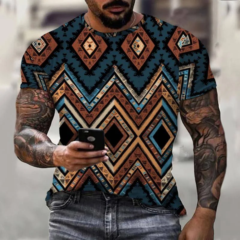 

New Summer Men's Short Sleeve Painting Embroidery Abstract Ethnic Retro Style Top Oversized T-Shirt Fashion Personalized Outfit