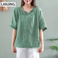 literary retro summer new large size short sleeved cotton and linen t shirt loose and thin embroidered cotton shirt ladies top