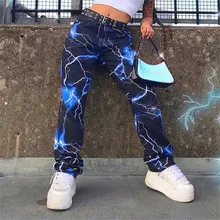 Fashion Cute Slim Print Lightning Contrast Color Slippy SML High Waist Women Casual Pants Trousers Gothic Pants Girl Y2k Joggers
