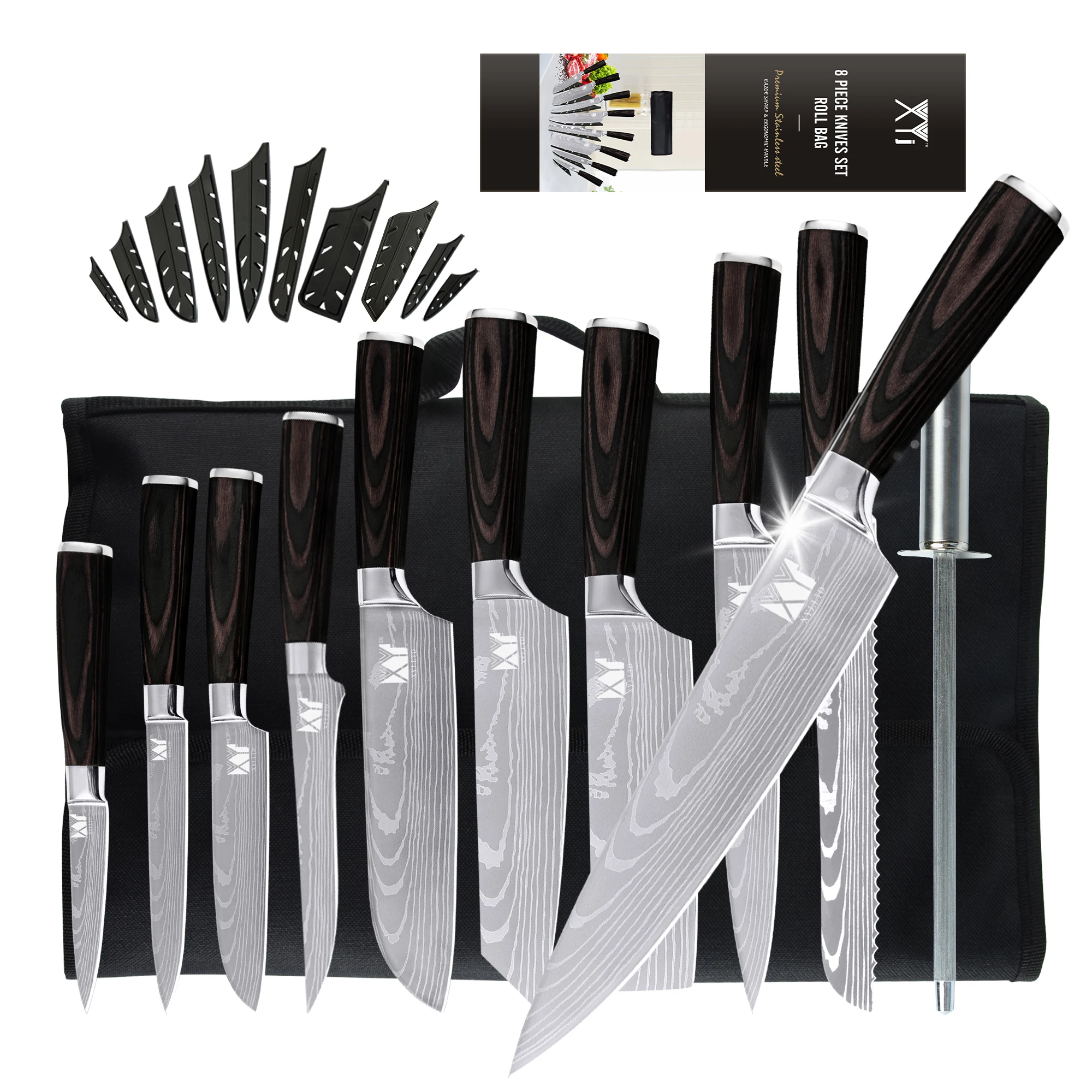 

XYj Chef knife 10 Pcs Set Kitchen Knives Laser Damascus Pattern Sharp Japanese Santoku Knife Cleaver Slicing Utility Knife Tools