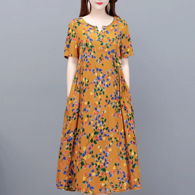 Женское хлопково-шелковое платье новинка 2025 летнее длинное с короткими рукавами