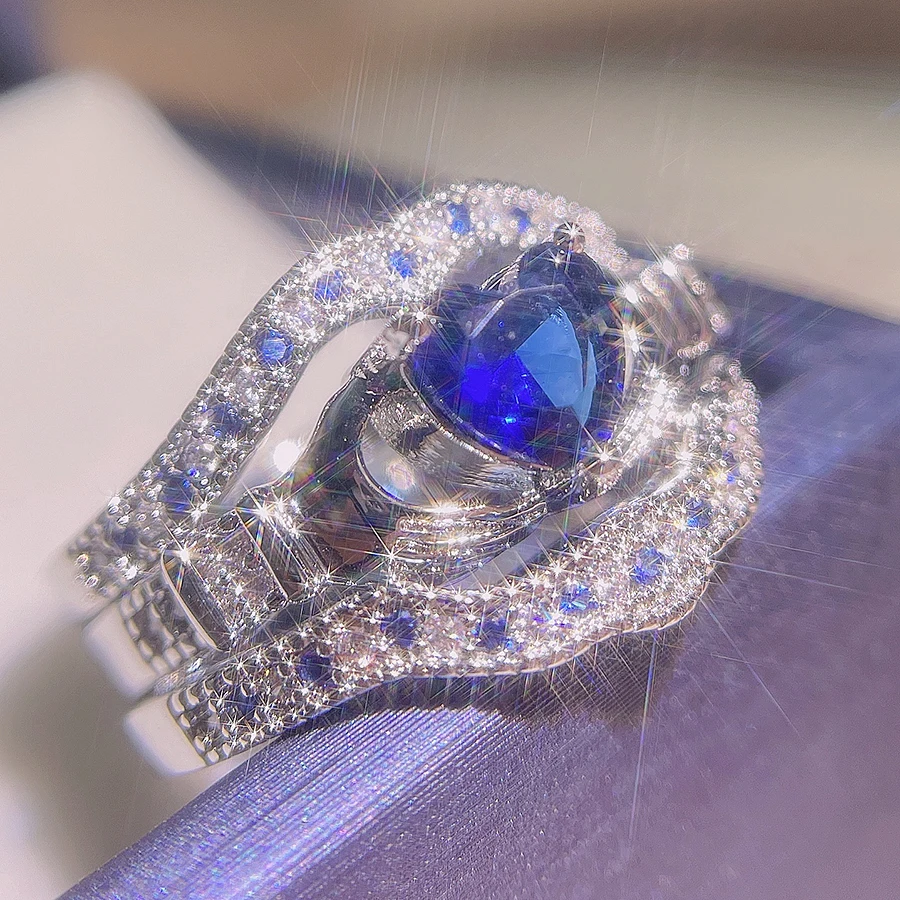 

2022 NEW Blue Stone Engagement Ring for Women Party Gift Bridal Love Heart Promise 3 Piece Set Wedding Band Statement Jewelry
