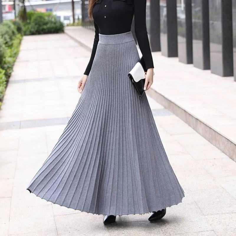 

SETWIGG Women's Autumn Draped Rib Pleated Long Knitted Skirt Elegant Winter Wool Blend A-line Long Knit Skirt Elastic Waist