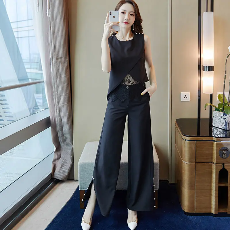 

Женские костюмы в офисном стиле, блузка без рукавов с круглым вырезом и брюки с широкими штанинами, элегантный женский комплект из 2 предмет...