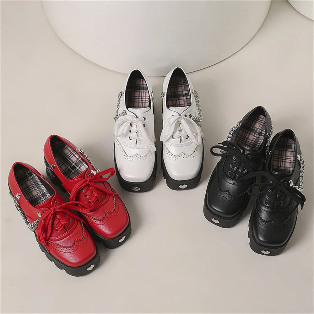 

2023 Autumn/Winter New Single Shoe Waterproof Platform High Heel with Thick Heel Lace Up Metal Chain Decoration Women's Shoes