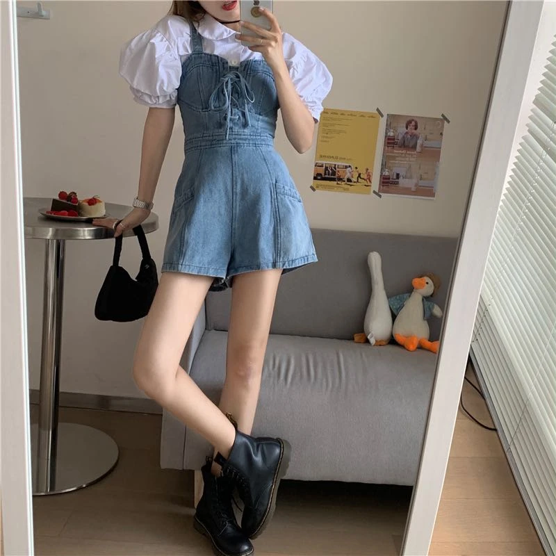 Sweet Women New Short Denim Jumpsuit Romper Women Spring Summer Overalls Female Casual All-Match Japanese Short Playsuit Korean