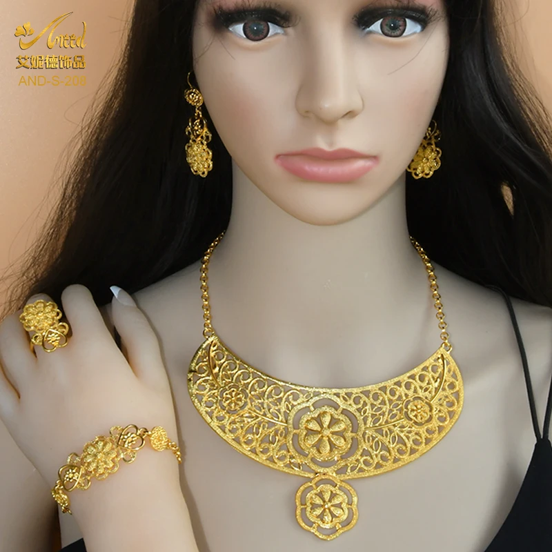 

Indian Jewelry Sets For Women African Dubai Gold Plated 24K Necklace Earrings Bracelet Ring Set Luxury Bridal Wedding Jewelery