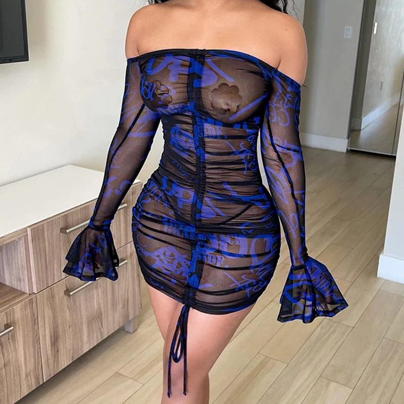 

Sexy Mesh Strapless Mesh Printed Dress 2021 New Fashion Strapless Flared Sleeves Pleated Lace-up Tight Nightclub Club Mini Dress