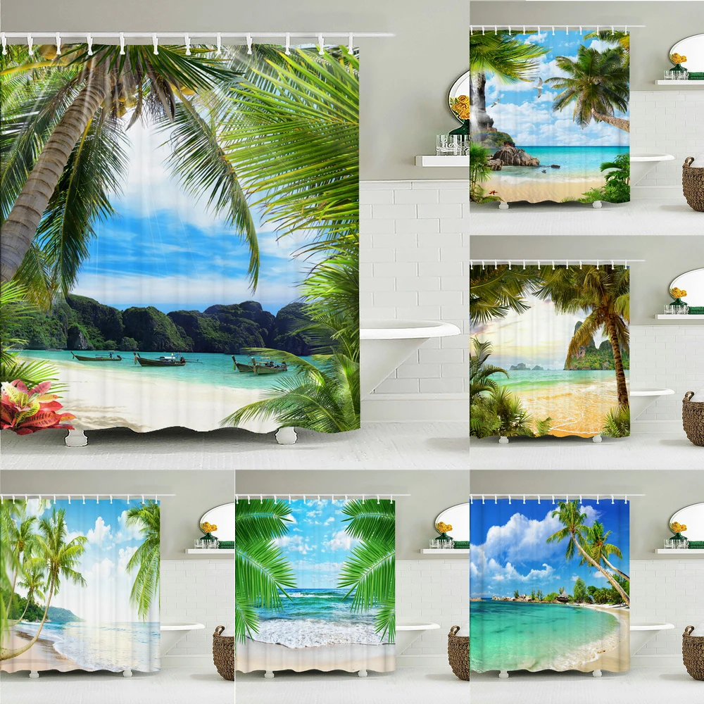 

Sunny Beach Palm Tree Seaside Scenery Fabric Shower Curtain Waterproof Polyester Bath Curtains for Bathroom Decorate with Hooks