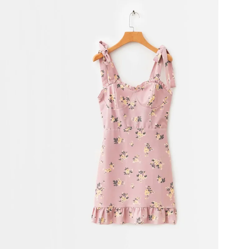 

Summer women's casual printed ruffle trim slim slip dress