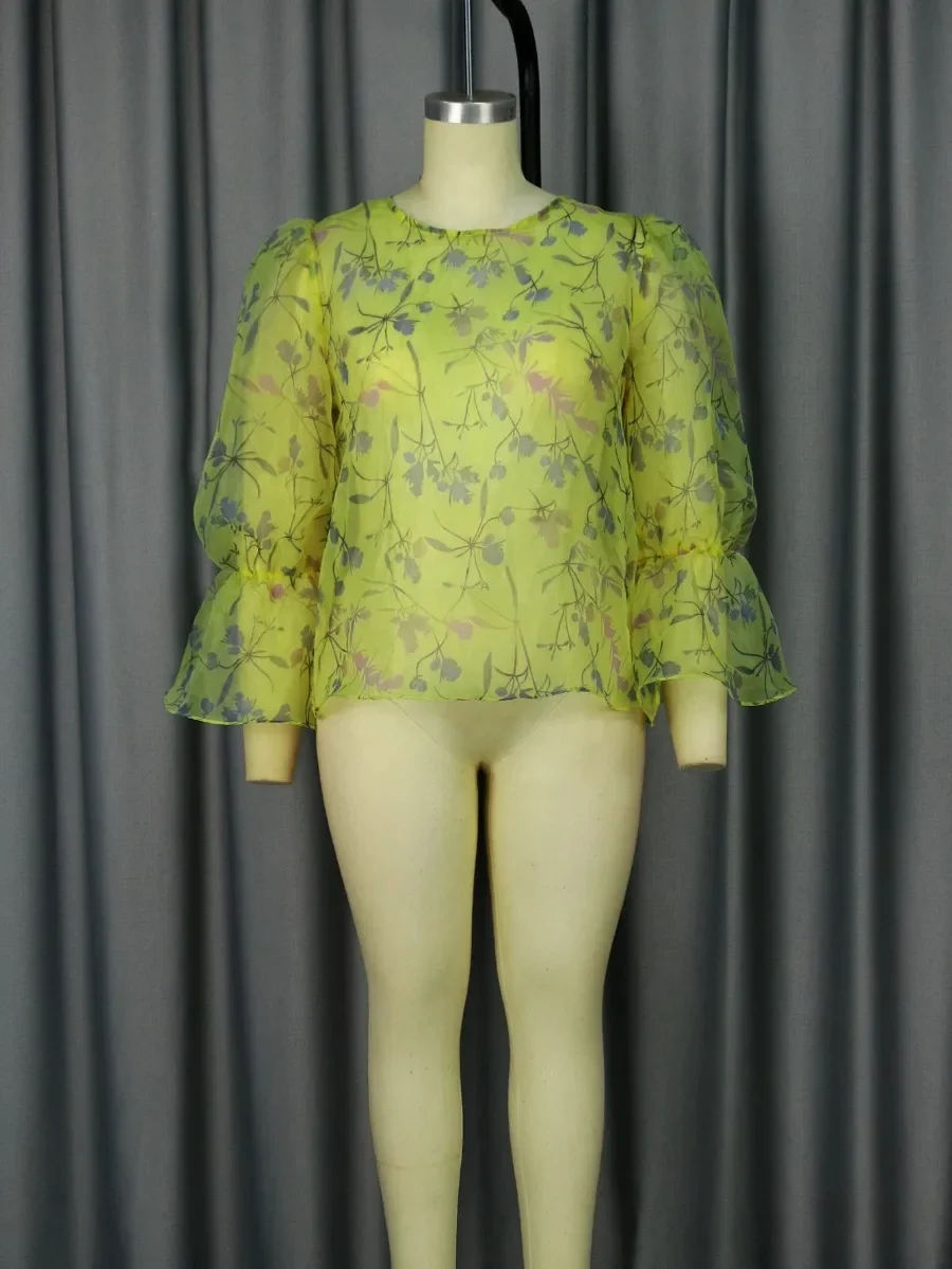 Желтые прозрачные блузки из органзы с принтом для женщин сексуальные рубашки