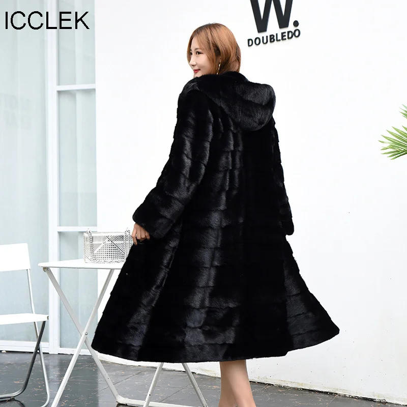 ICCLEK 2020 imitation mink fur coat new slim fitting imitation fur cut trench women's hooded long mink coat