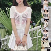 all match women patchwork crochet crop tops summer hollow out cardigan short sleeve square neck blouse female daily wear