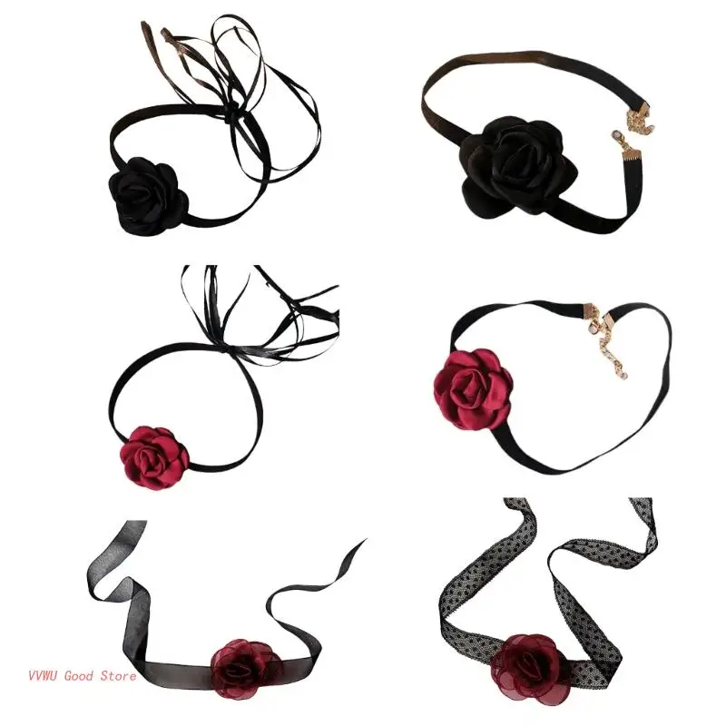 

M2EB Flower Choker Necklace Camellia Choker Rose Choker Lace Choker Flower Hairband Velvet Choker Hat Bands Flower Sash Belt