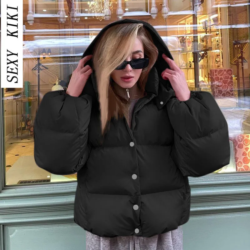 2022 autumn and winter new short style breasted hooded long-sleeved cotton clothes all-match thick cotton coat women