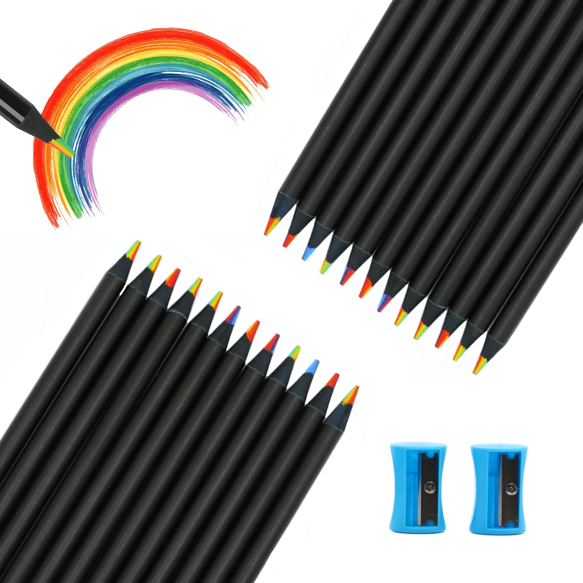 

Rainbow pencil, 24 pieces rainbow pencils with 2 sharpeners, coloured pencils children and adults, coloured pencils set for art