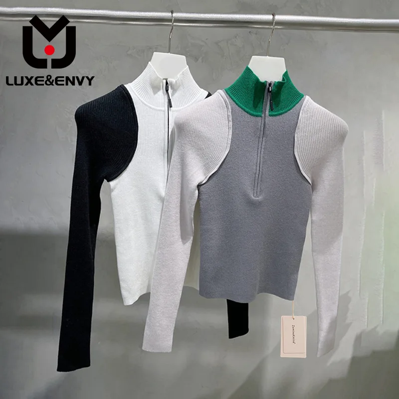 

LUXE&ENVY 2023 Autumn New Fashion Pullover Versatile Sweater Half High Collar Splice Slim Knitwear Women