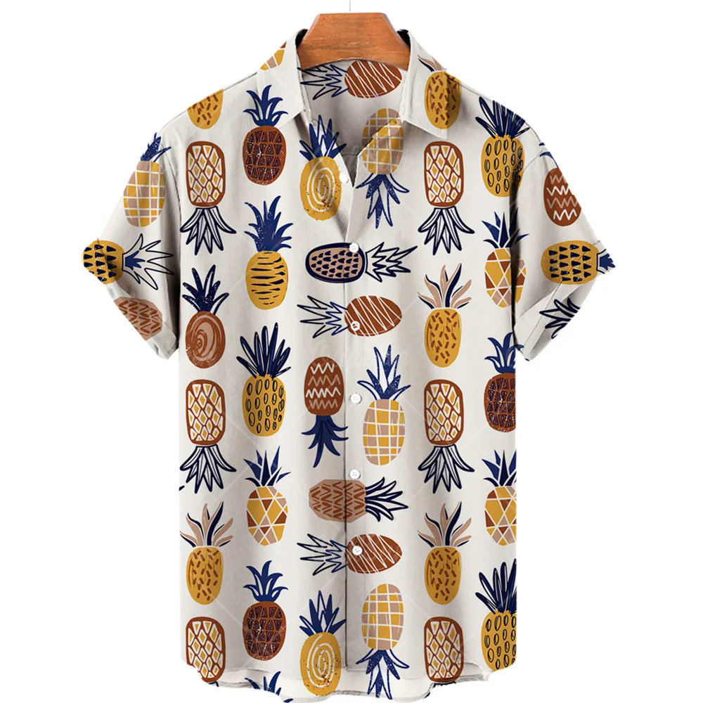 Summer Beach Vacation Fruit Pineapple Floral Men's Casual Shirt Short Sleeve Casual Hawaiian Shirt Single Button V-Neck Top