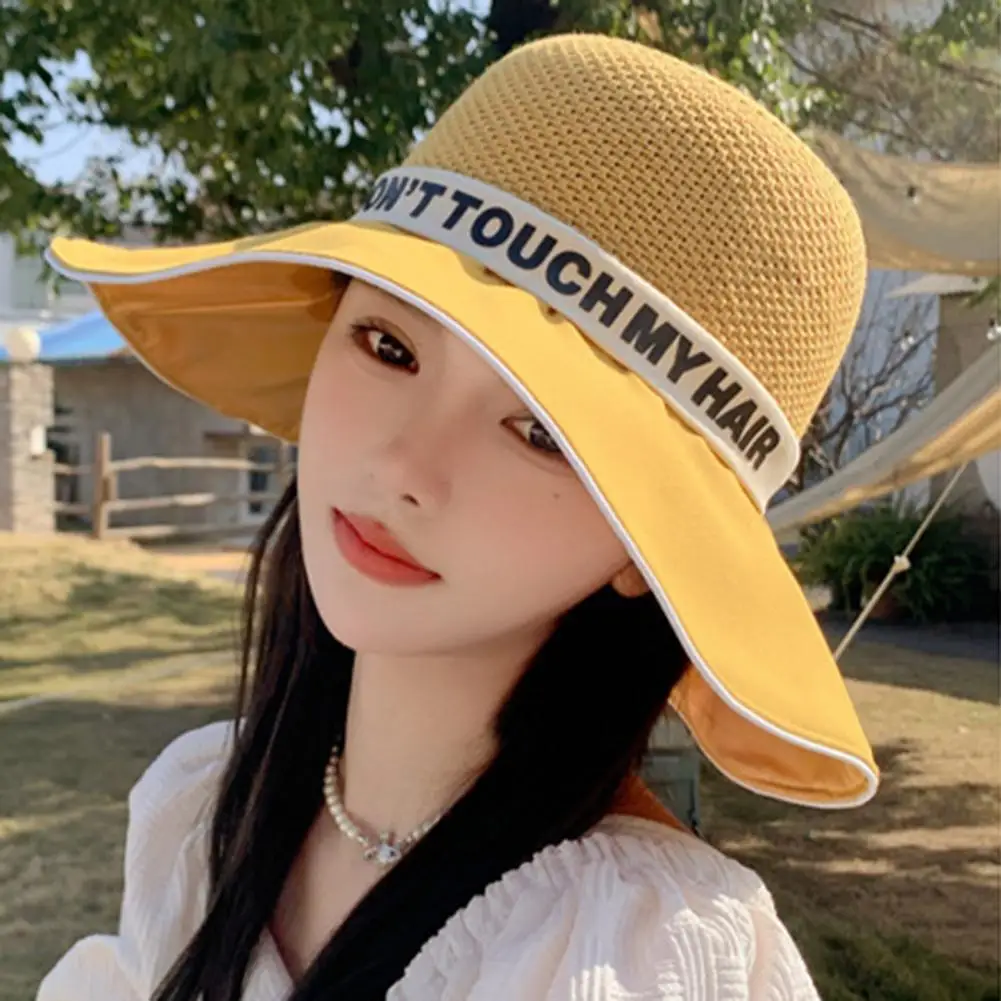 

Женская Солнцезащитная шляпа с широкими полями, однотонная Панама от солнца с надписью и лентой, с отверстиями, в стиле рыбака, модные аксес...