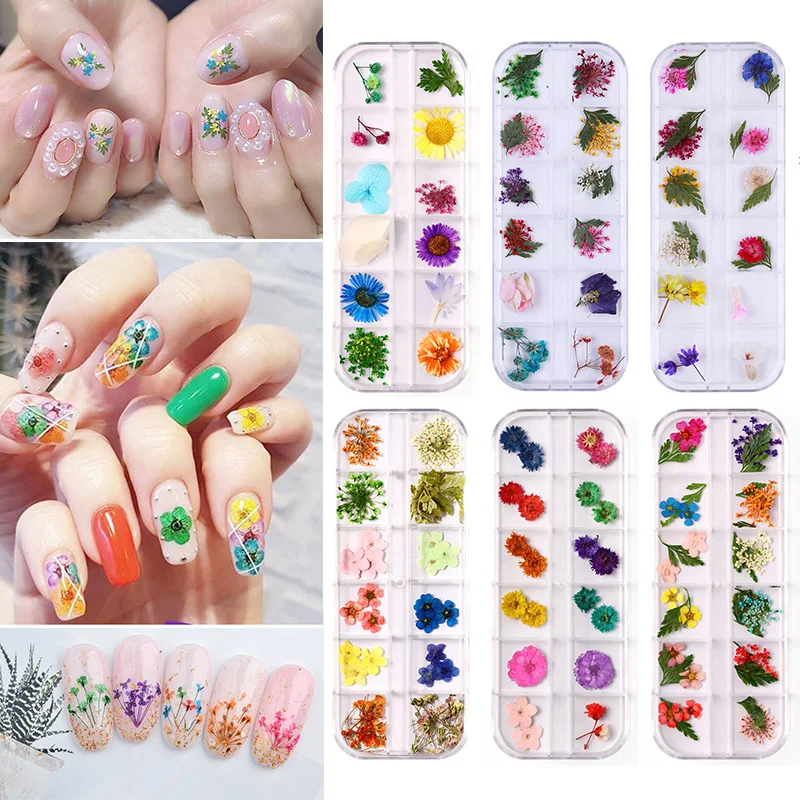 

12 Grids/Box 3D Dried Flowers DIY Nail Decorations Natural Floral Sticker Mixed Dry Flower Nail Decals UV Gel Polish Manicure