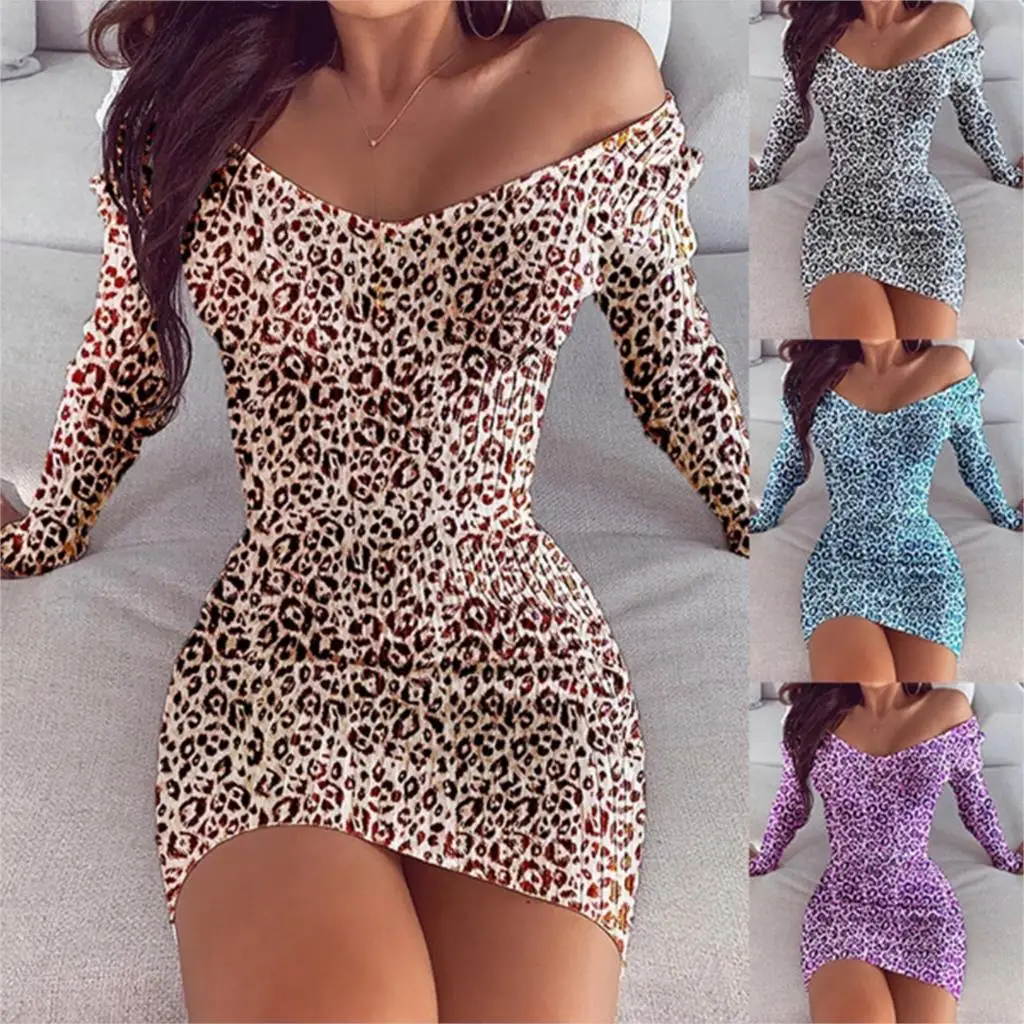 

2022 European and American Spring and autumn new women's sexy V-neck slim leopard print long sleeve hip wrap dress