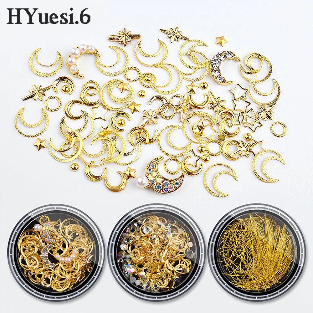 

1 Box Hollow 3D Star Moon Nail Studs Gems Mixed Gold Metal Rivet Rhinestones Nail Decal For DIY Manicure Tips Decorations