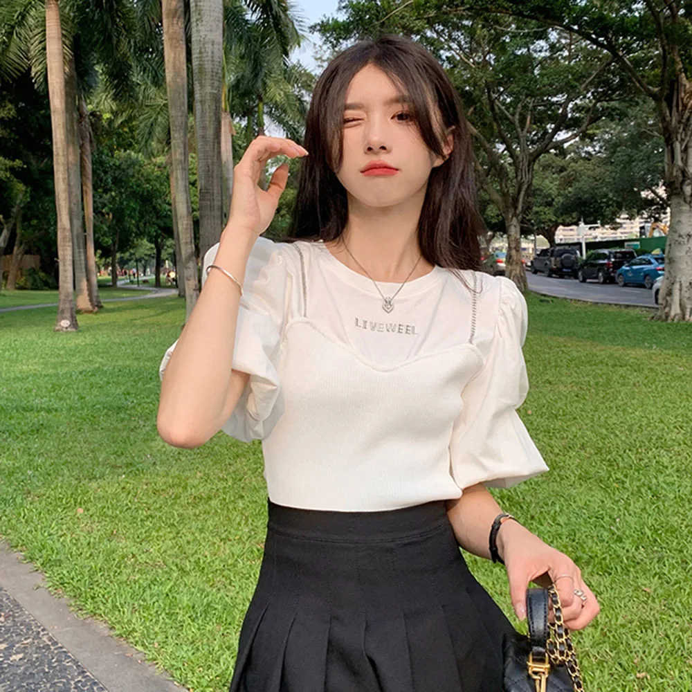 

Short Sleeve T Shirt Women Summer Fashion Cotton Suspender Splicing Tees 2022 New Spice Girl Short Puff Sleeve Fake 2 Piece Tops