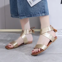 women sandals flat casual summer square toe lace up ankle straps open toe gladiator sandal tassels roman beach gold shoes 2022