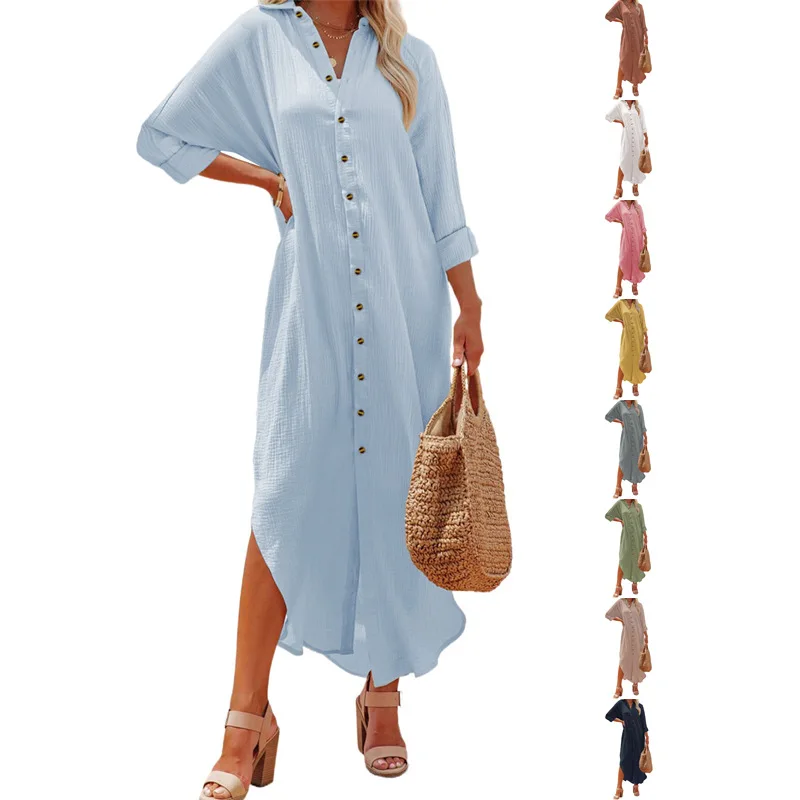 

2022 Autumn New Women's cardigan breasted dress solid color long sleeve skirt