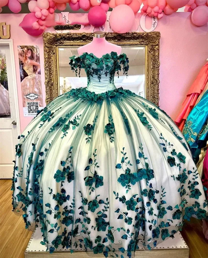 

ANGELSBRIDEP Green Off The Shoulder Quinceanera Dresses 3D Flowers Formal Prom Graduation Gowns Princess Vestidos De 15 Anos