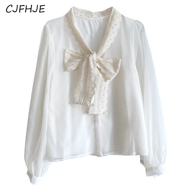CJFHJE Весенняя кружевная Черная Женская рубашка с длинным рукавом бантом