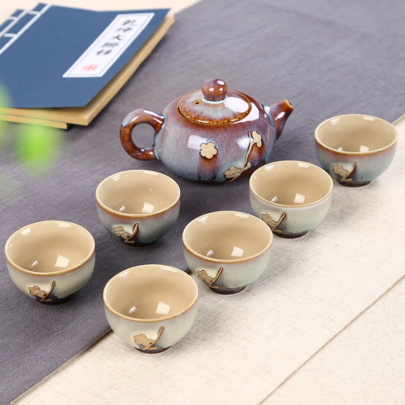 

7pcs Tea Sets Creative Hand-painted Retro Relief Exquisite tea set Include 6 cups 1 tea pot Set Kung Fu Tea Cup Unique gift